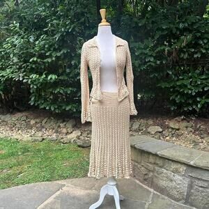 70s cream crochet skirt and cardigan set